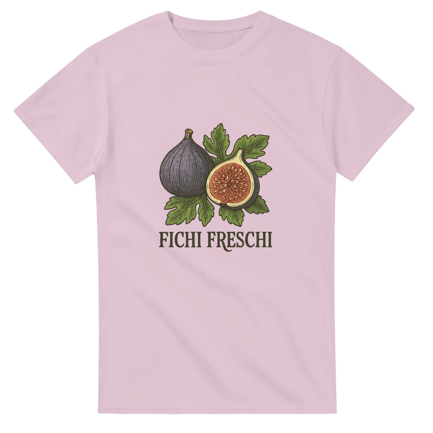 T-shirt med färska fikon och gammaldags italiensk text, Fichi Freschi, på gröna blad.