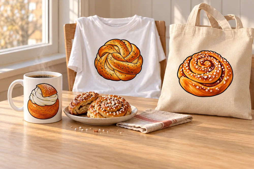 Mugg med semla, t-shirt med kardemummaknut och tygkasse med kanelbulle på ett fikabord
