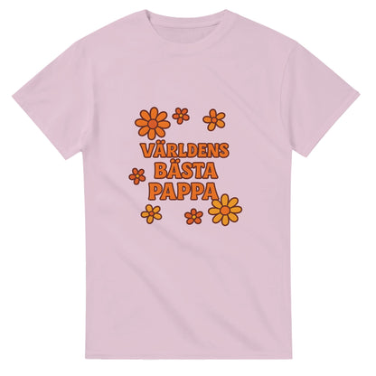 T-shirt med 'Världens bästa pappa' och dekorativa blommor i varma färger.