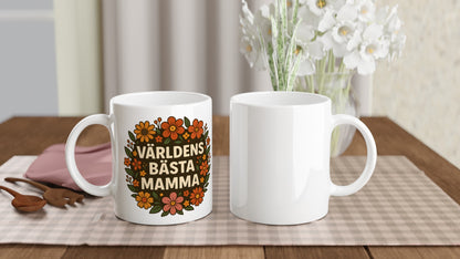Mugg med texten 'Världens bästa mamma' inramad av blomsterprakt. Perfekt gåva till mamma!