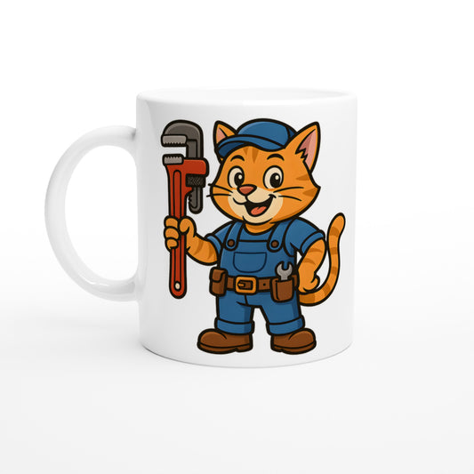Kattvärldens rörmokare - en humoristisk kaffemugg med en katt som håller i en rörtång.