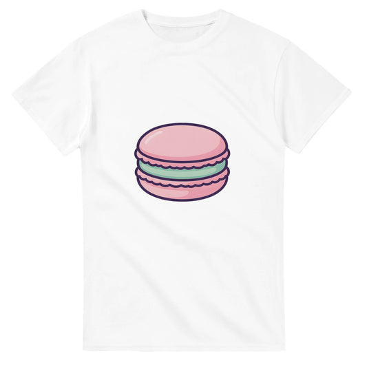 Stilren t-shirt med macaron motiv, perfekt för franska delikatesskonnässören.