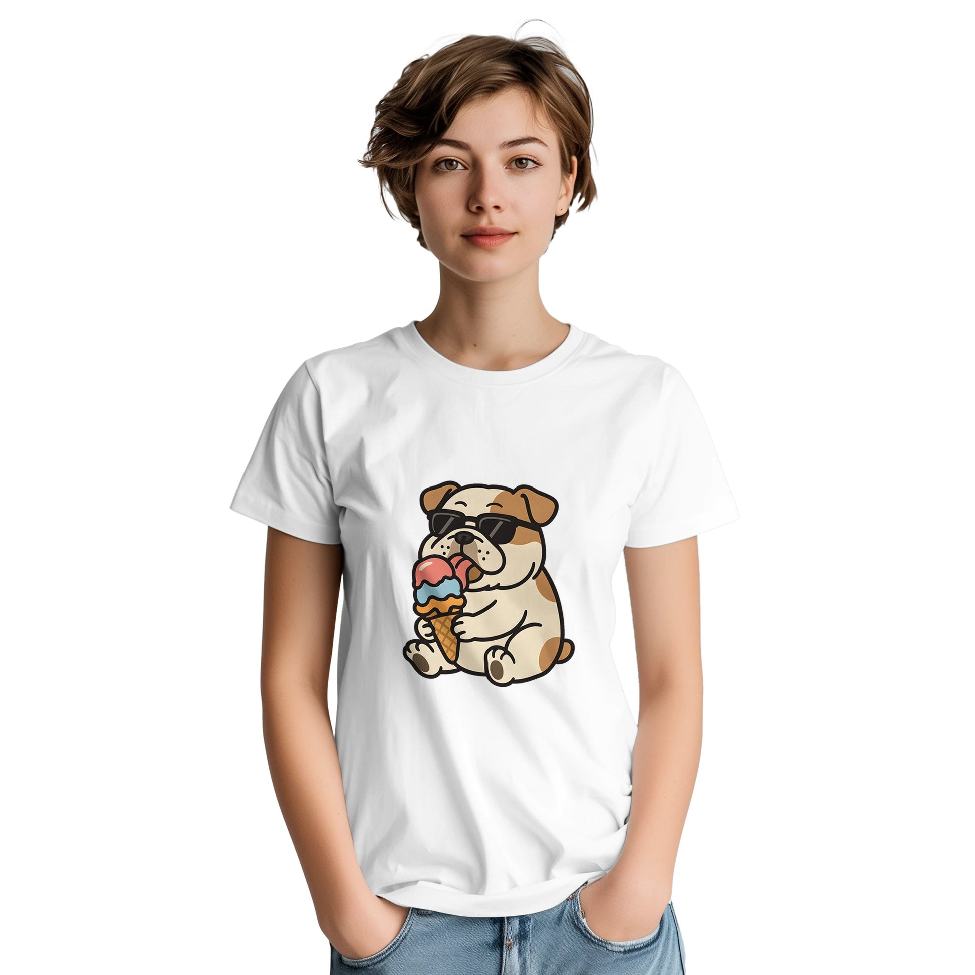 T-shirt med glad bulldog som njuter av en färgglad glass. Perfekt för hundälskare.