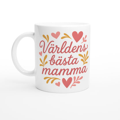 Mugg med texten 'Världens bästa mamma' i romantisk stil, dekorerad med hjärtan och former.