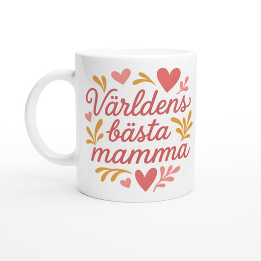 Mugg med texten 'Världens bästa mamma' i romantisk stil, dekorerad med hjärtan och former.