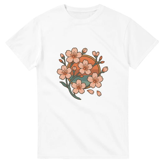 Vårinspirerad T-shirt med körsbärsblommor i retrostil, fånga den japanska vårrenässansen.
