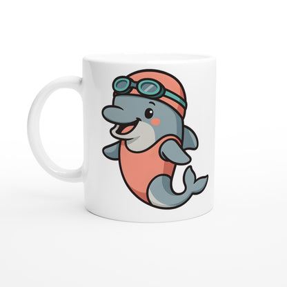 Delfin Dykare Mugg - Perfekt för kaffedrickare som älskar havet! Charmig delfin i baddräkt och badmössa.