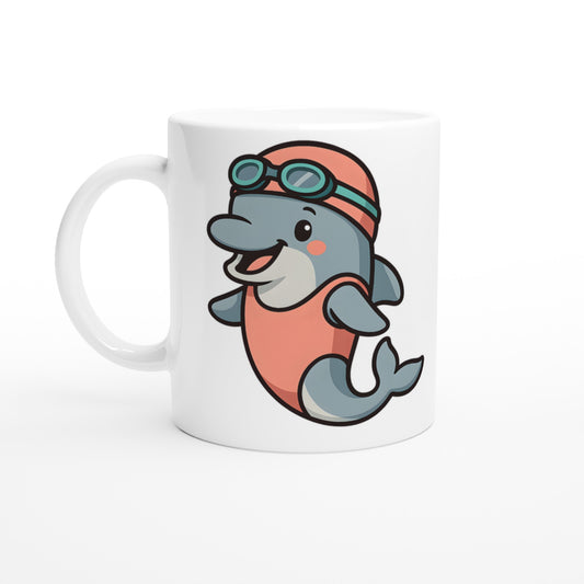 Delfin Dykare Mugg - Perfekt för kaffedrickare som älskar havet! Charmig delfin i baddräkt och badmössa.