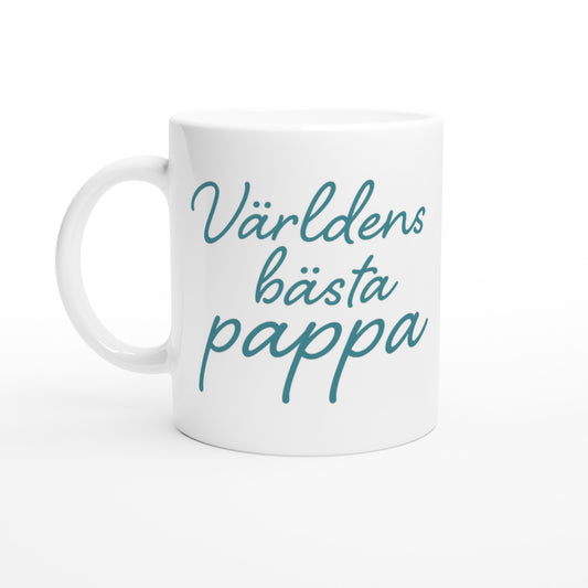 Mugg med texten 'Världens bästa pappa' i elegant handskriven font och varm blågrön färg. Perfekt till fars dag eller som uppskattning.