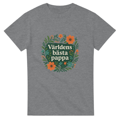 T-shirt för pappa med stil. 'Världens bästa pappa' omgiven av eleganta blommönster i harmoniska färger. Uppskattning visas!
