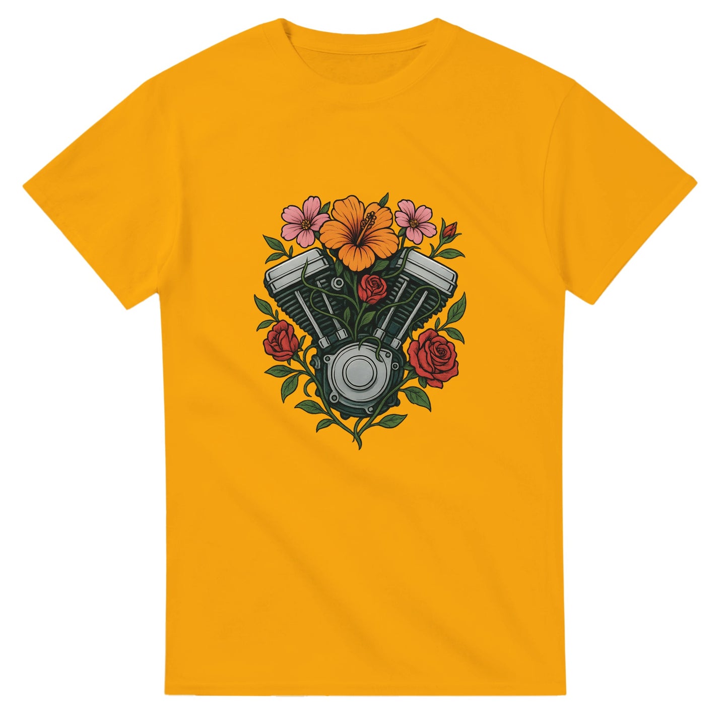 T-shirt med Speed Blossom-motiv, blommor runt motor, symbol för styrka och skönhet, motiverande text.