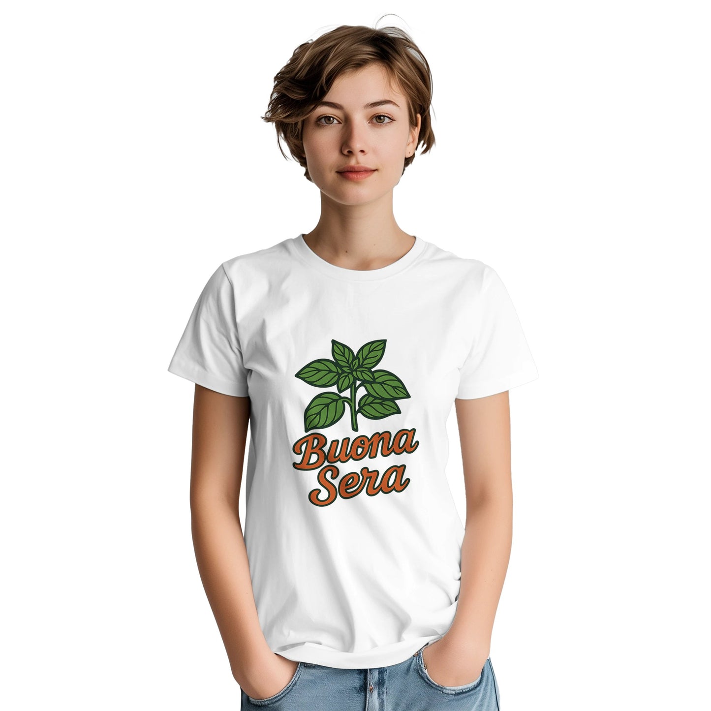 T-shirt med grön basilika & texten 'Buona Sera' i varm orange. Perfekt för dig som älskar italiensk mat & avslappnad stil.