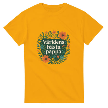 T-shirt för pappa med stil. 'Världens bästa pappa' omgiven av eleganta blommönster i harmoniska färger. Uppskattning visas!