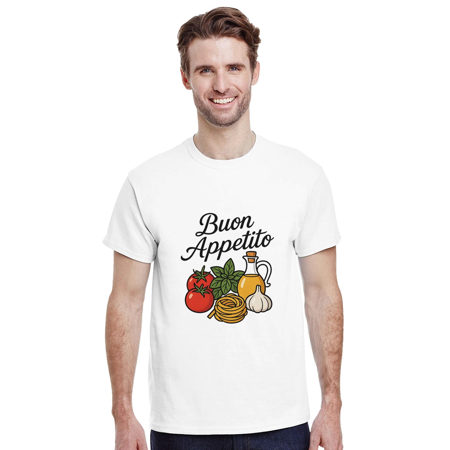 T-shirt med handskriven text 'Buon Appetito'. Konstnärlig hyllning till italiensk matglädje. Perfekt för köket!