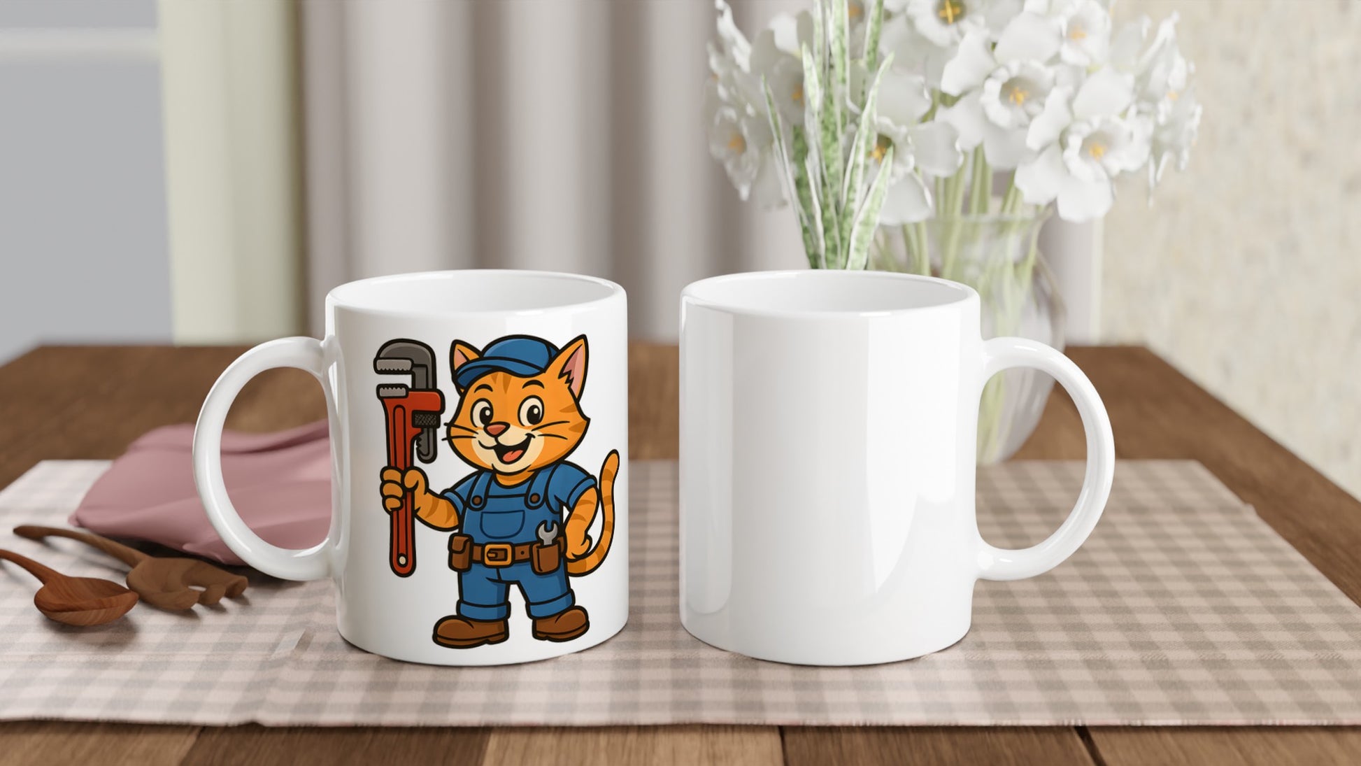 Kattvärldens rörmokare - en humoristisk kaffemugg med en katt som håller i en rörtång.