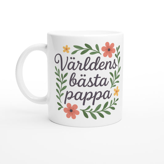 Mugg med texten Världens bästa pappa och blommiga element, perfekt gåva för älskad pappa.