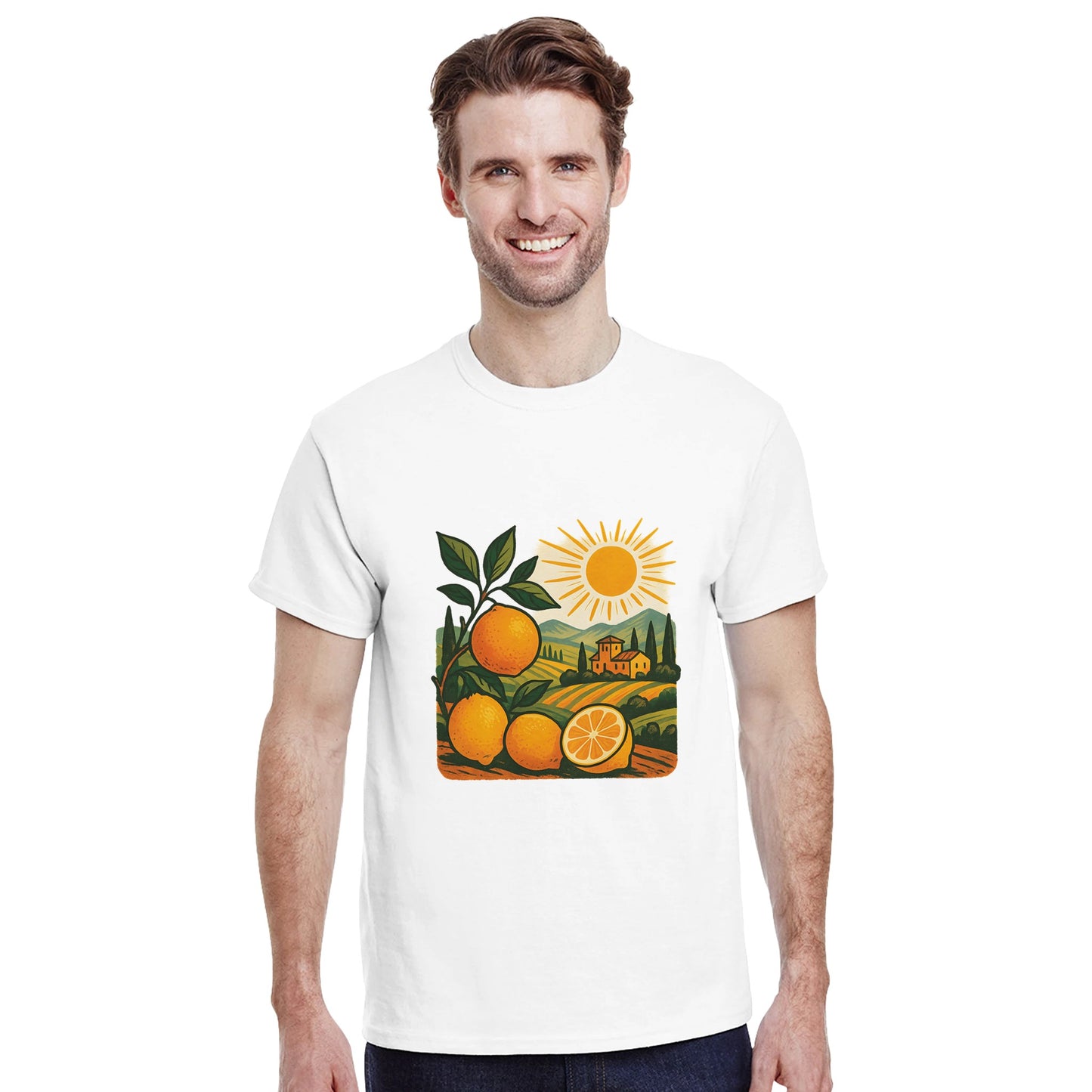 T-shirt med solkust och citrus i vintage stil, perfekt för Italien-fantaster. Toskansk känsla!