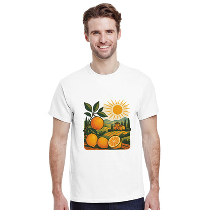 T-shirt med solkust och citrus i vintage stil, perfekt för Italien-fantaster. Toskansk känsla!