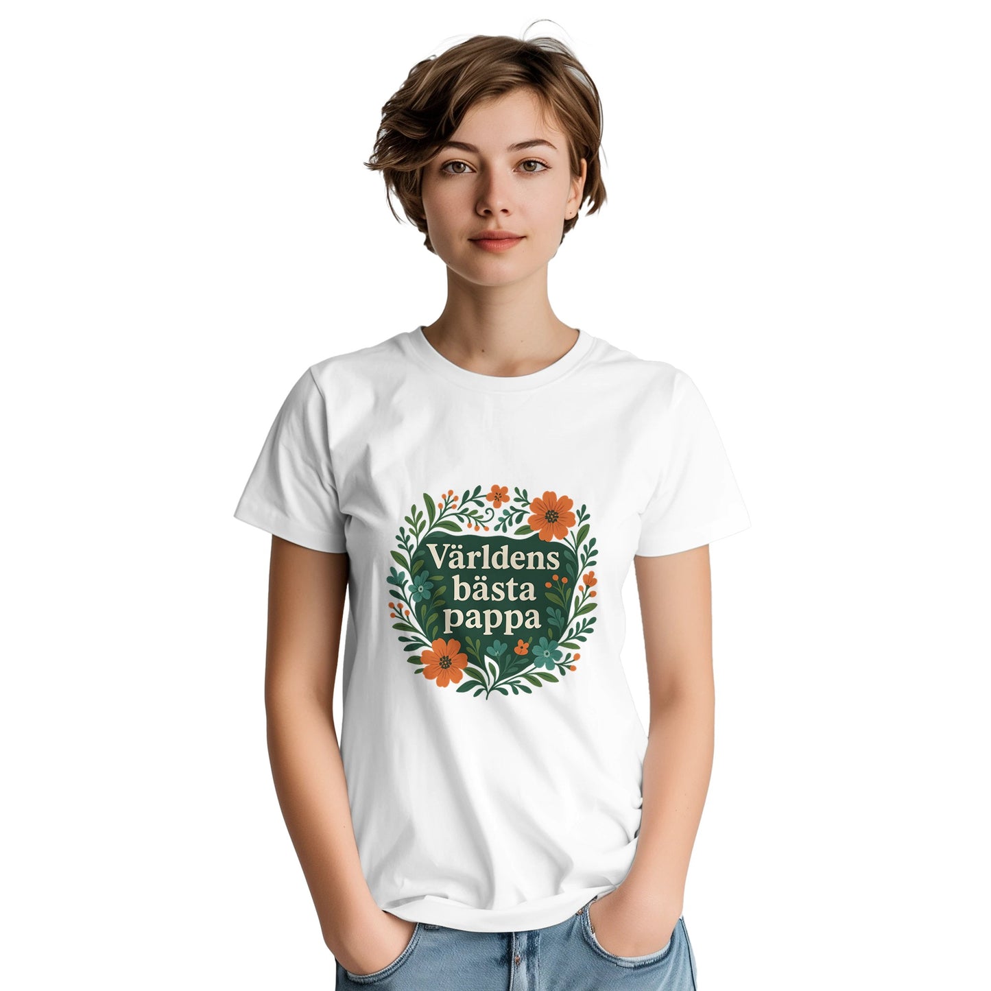 T-shirt för pappa med stil. 'Världens bästa pappa' omgiven av eleganta blommönster i harmoniska färger. Uppskattning visas!