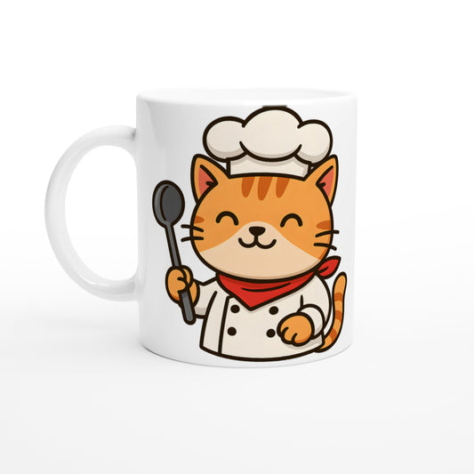 Mugg med katt i kockmössa och slev. Perfekt för kattälskande kockar!