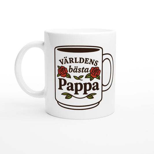 Mugg med ordet 'pappa' i elegant typografi och rosor. Perfekt gåva till världens bästa pappa.