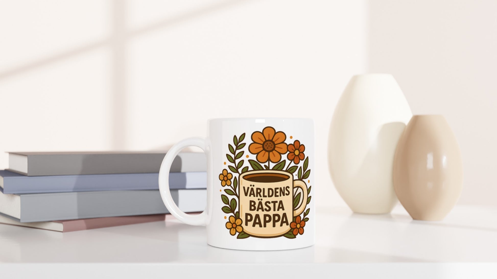 Mugg med 'Världens bästa pappa' och blommande detaljer, perfekt för en varm och inbjudande start på dagen.