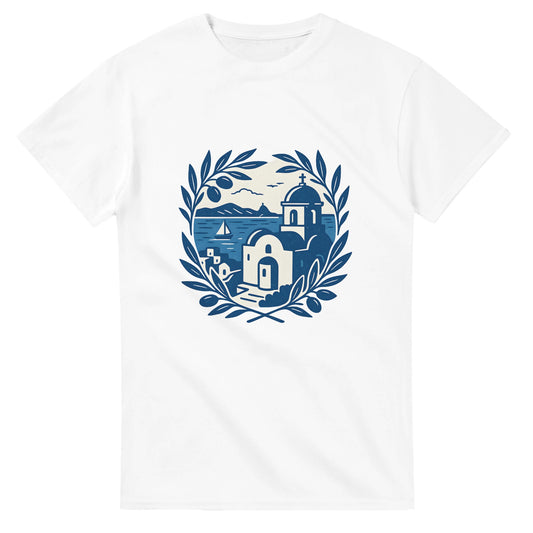 Vintage T-shirt med blåvitt kustlandskap för dig som älskar Greklands charm. Upplev Greklands kust varje dag.