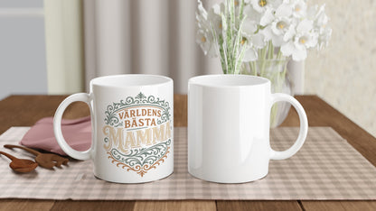 Mugg med texten 'Världens Bästa Mamma' i elegant vintage design. Perfekt gåva till mamma.