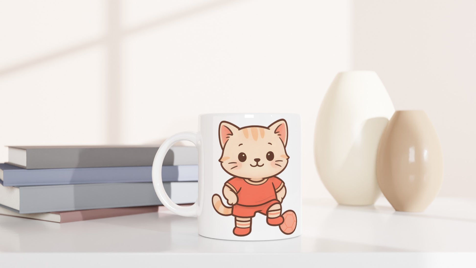 Mugg med rödklädd katt, perfekt för fotbollsfans och kattälskare. Charmigt och unikt motiv.
