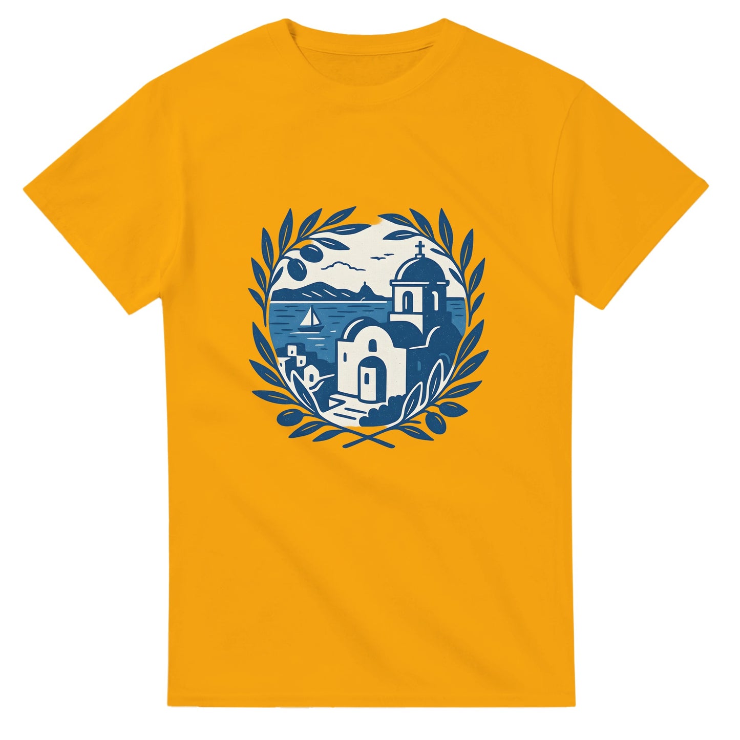 Vintage T-shirt med blåvitt kustlandskap för dig som älskar Greklands charm. Upplev Greklands kust varje dag.