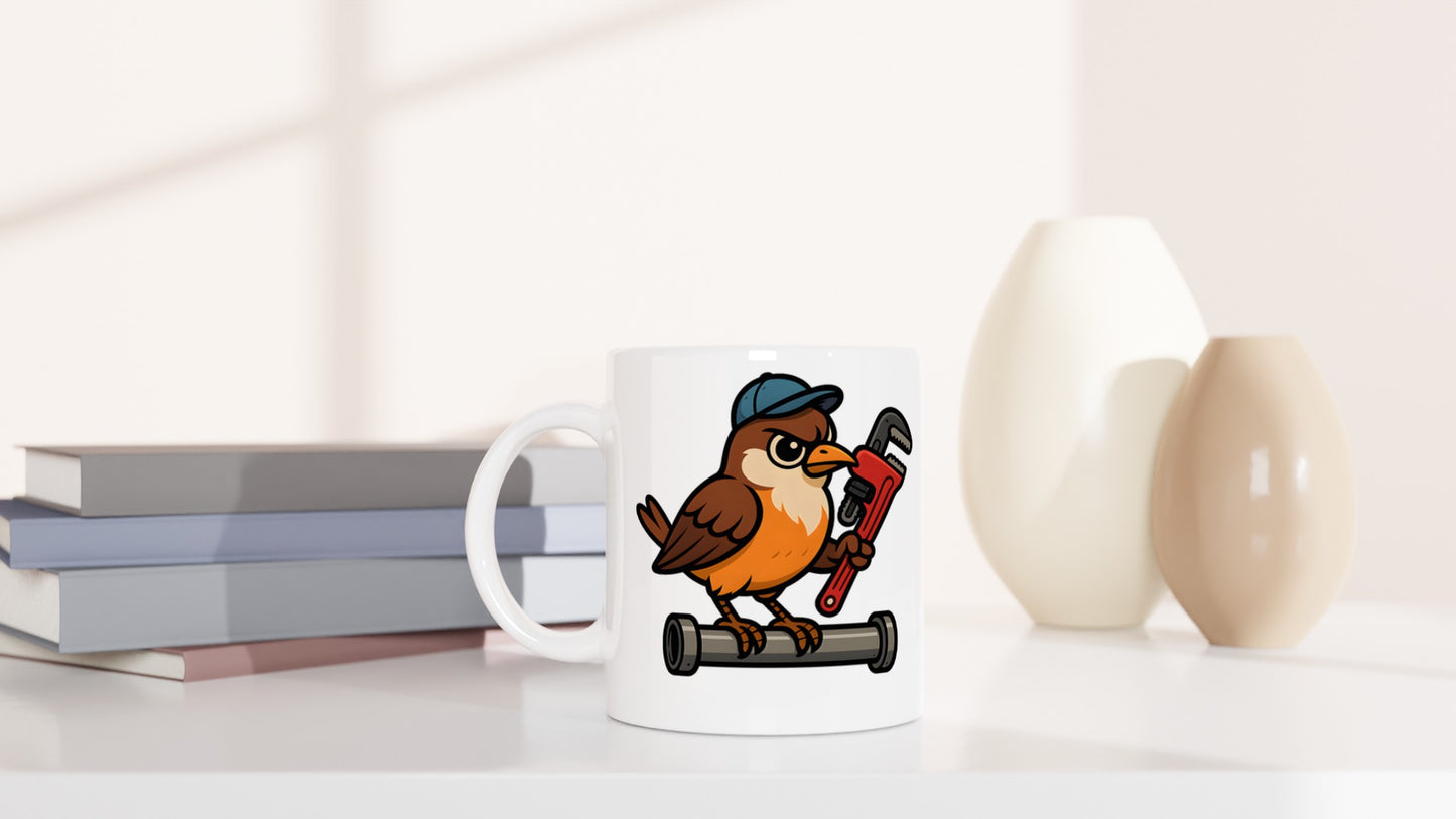 Fågel med rörtång visar sina rörmokarfärdigheter på rolig mugg för DIY-fans.