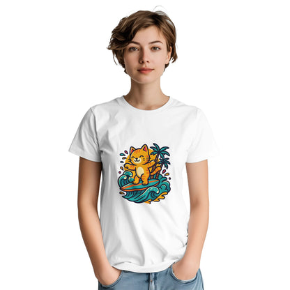 T-shirt med surfande katt i paradiset, omgiven av palmer och tropiska färger. Perfekt för kattälskare som drömmer om semester.