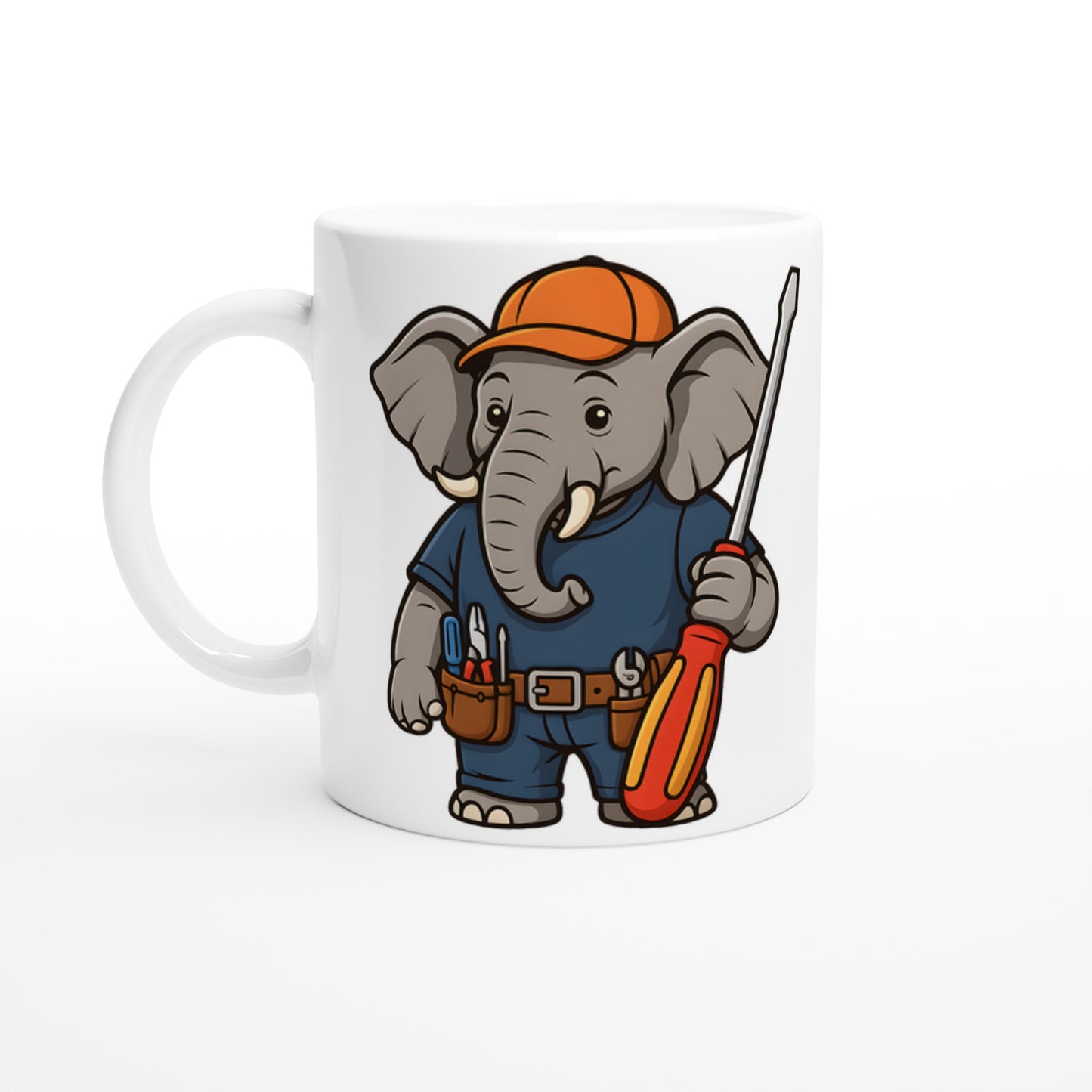 Elefant som elektriker med verktygsbälte och stor skruvmejsel. Perfekt för elefant- och elälskare!