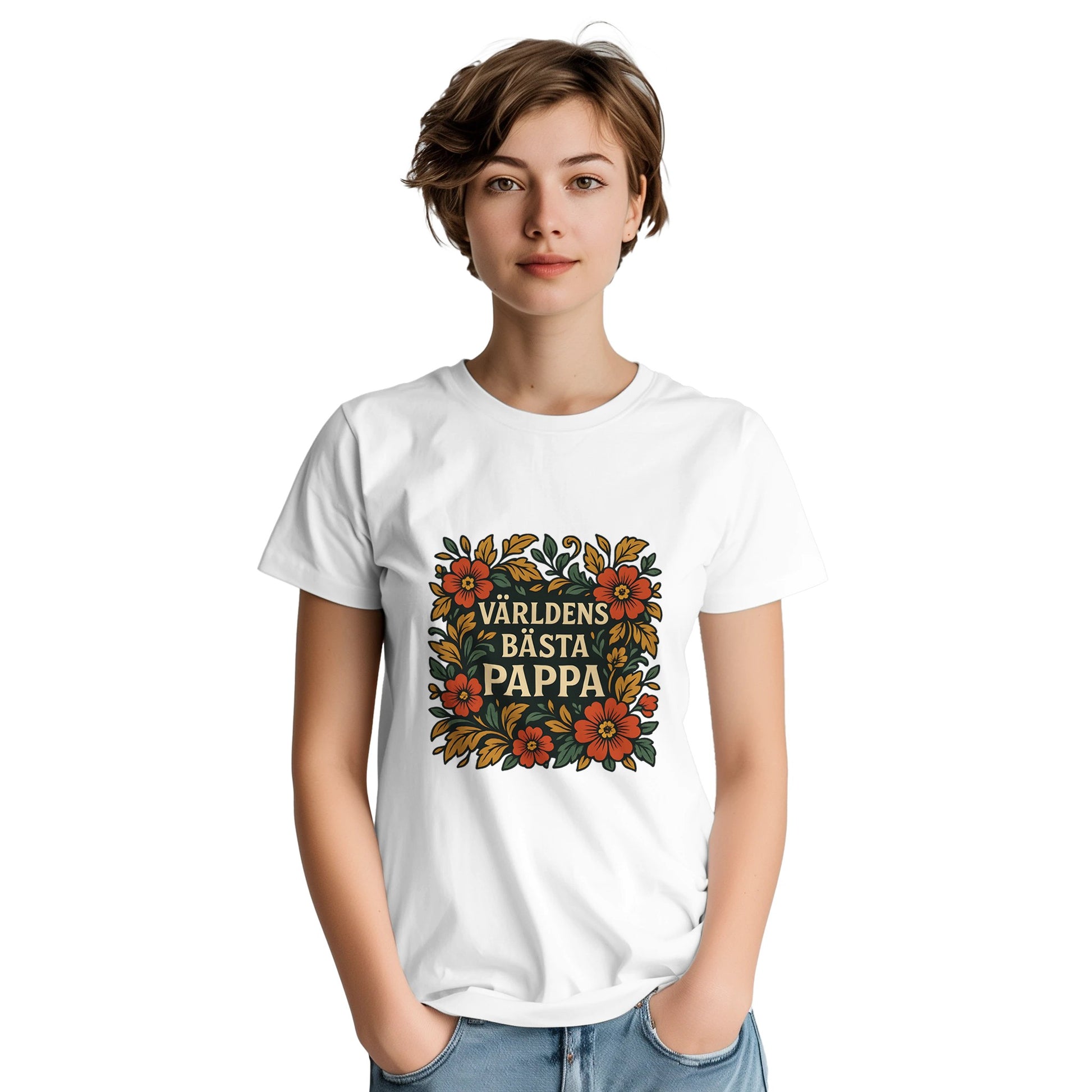 Lyxig T-shirt för pappa med eleganta blommotiv för en tidlös stil. 'Världens bästa pappa' i centrum.