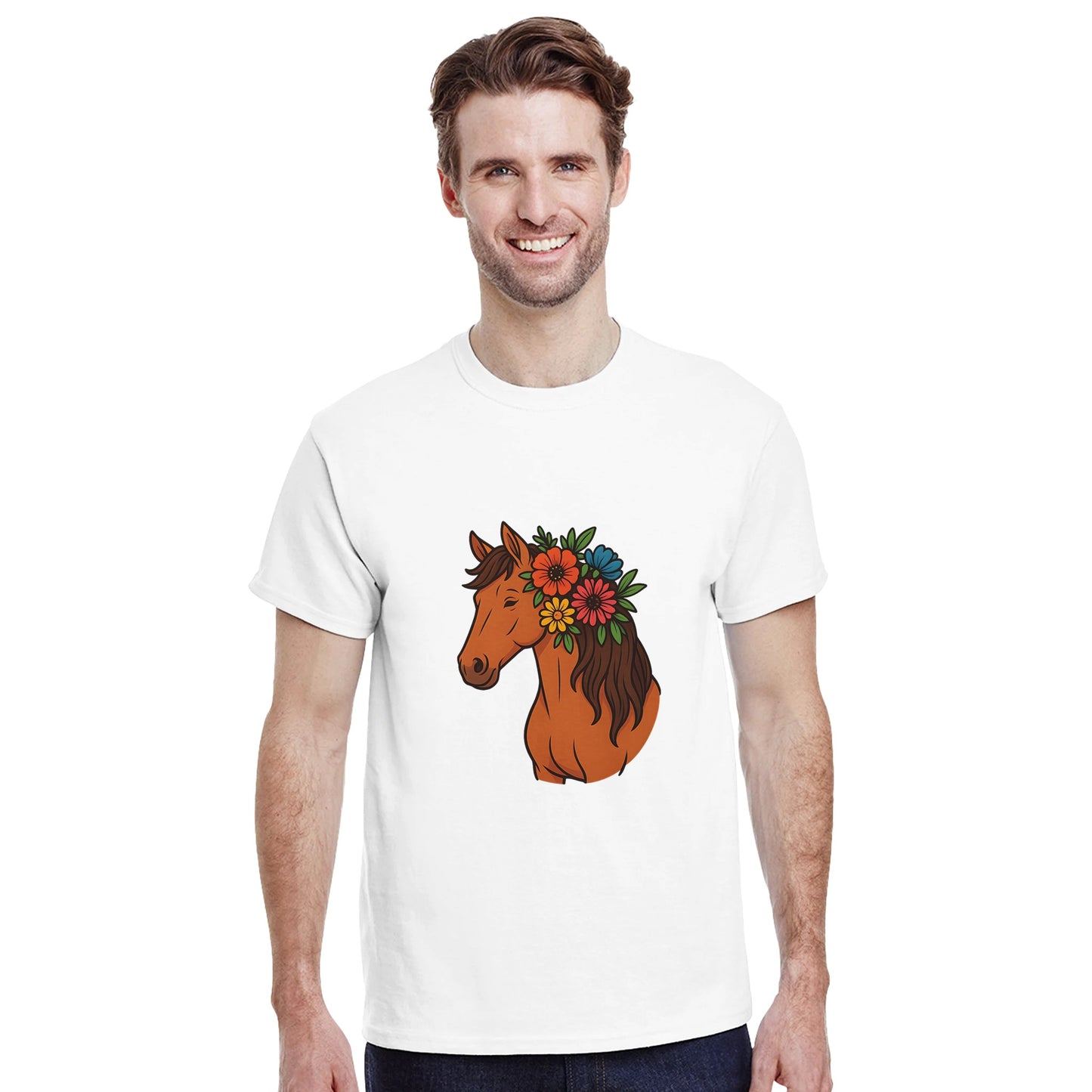 T-shirt med blommig häst i manen, perfekt för naturälskare.