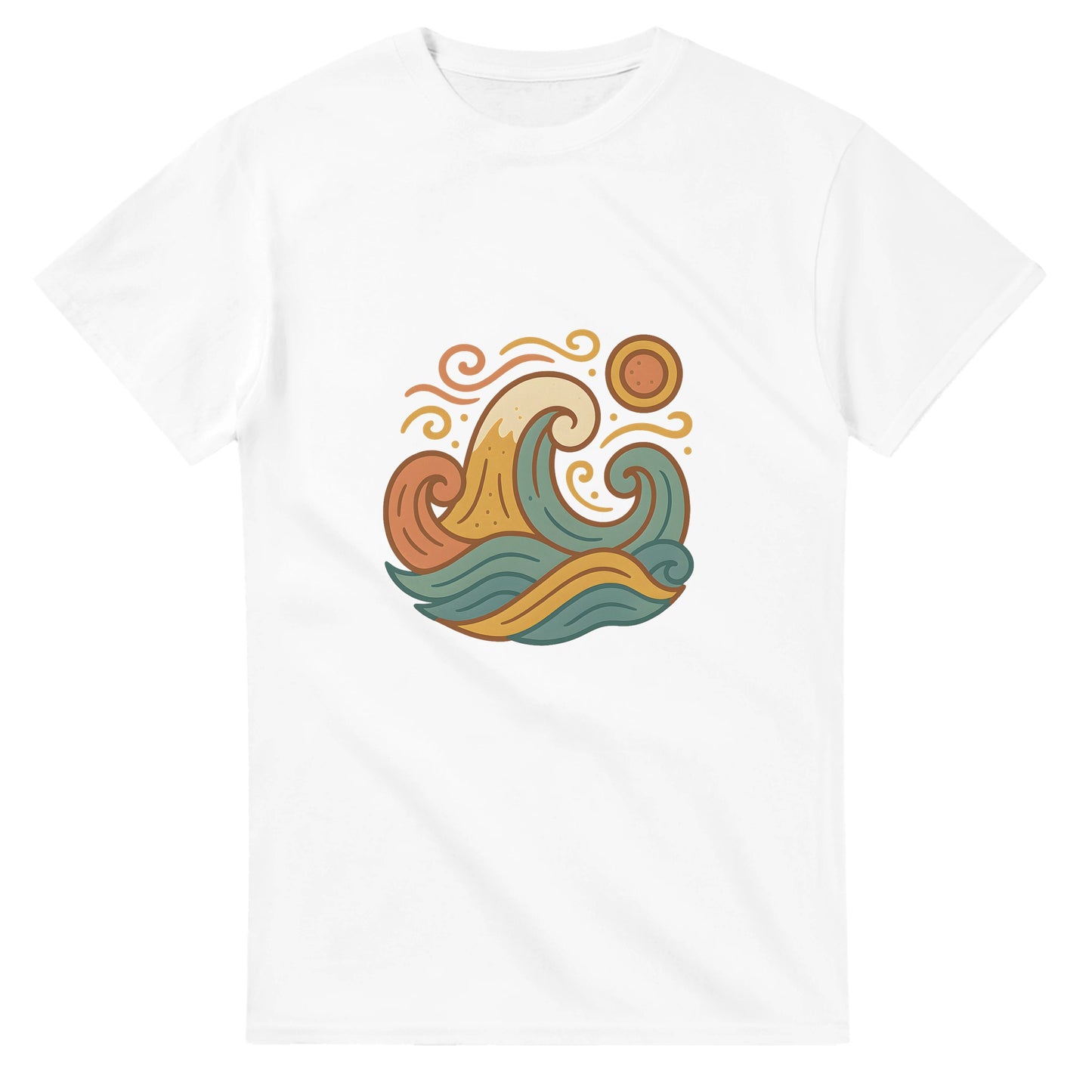 T-shirt med spanska vindar, stiliserade vågor och dämpade medelhavsnyanser. Fångar känslan av varma vindar i Spanien.