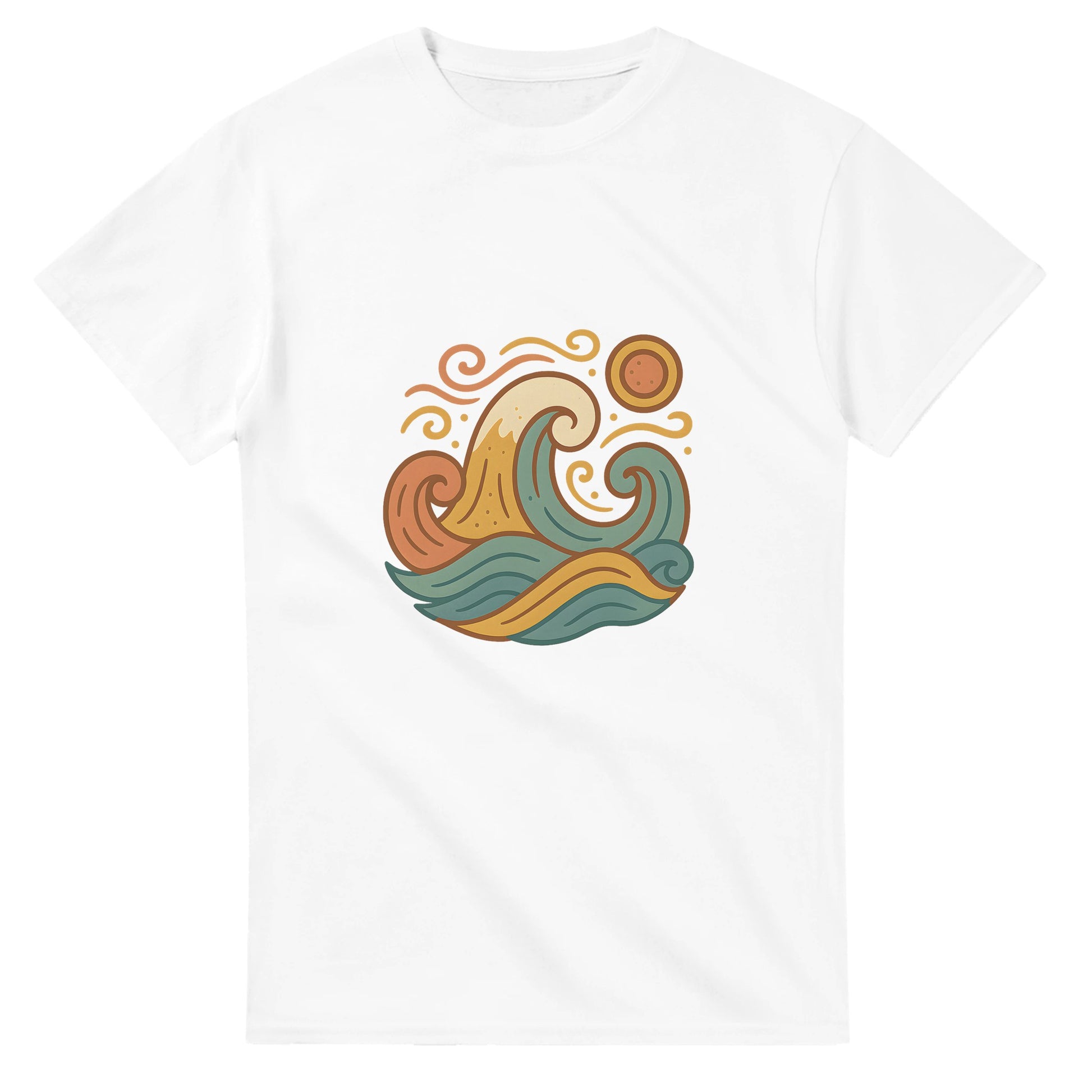 T-shirt med spanska vindar, stiliserade vågor och dämpade medelhavsnyanser. Fångar känslan av varma vindar i Spanien.