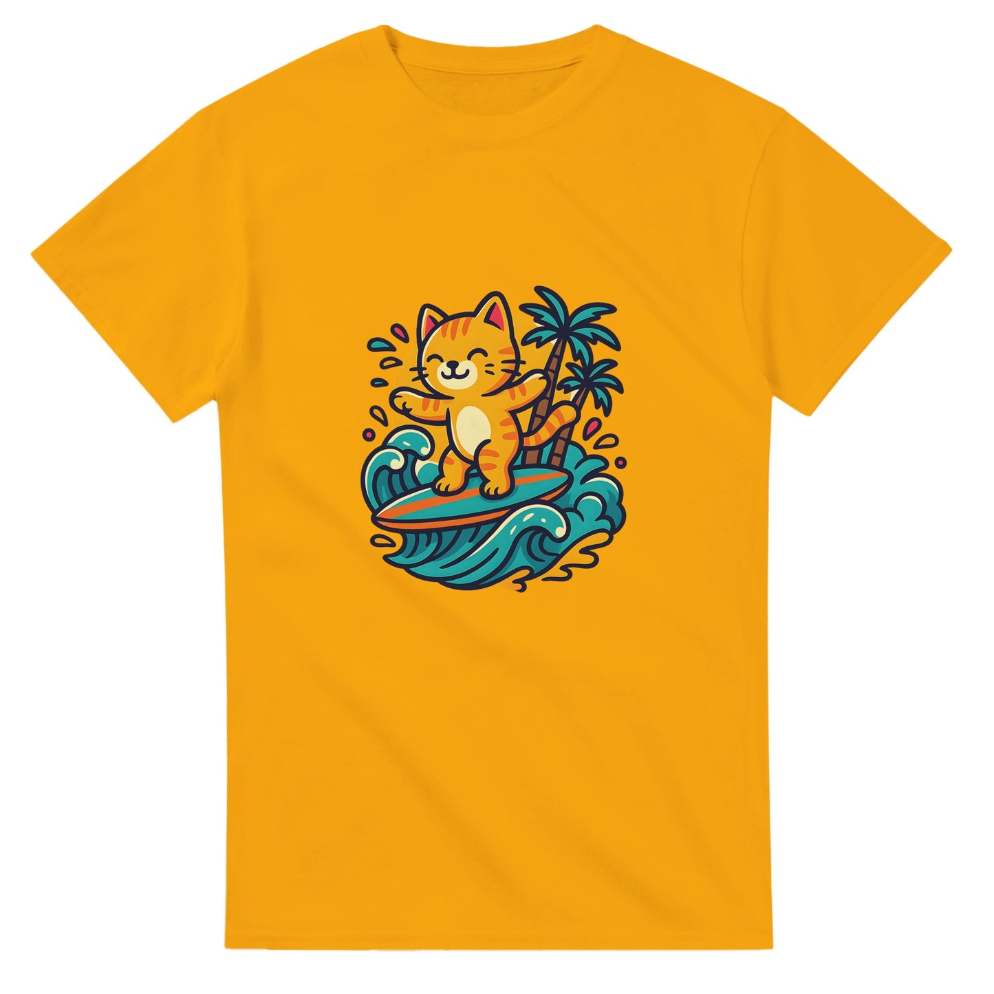 T-shirt med surfande katt i paradiset, omgiven av palmer och tropiska färger. Perfekt för kattälskare som drömmer om semester.