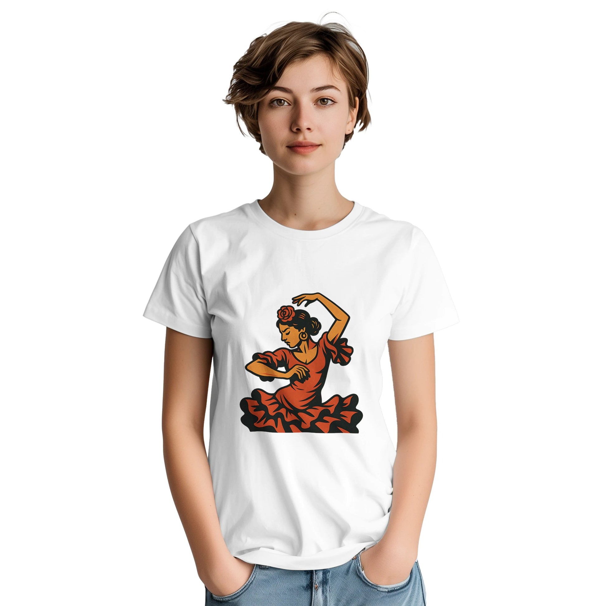 Vintage T-shirt med flamencodansare i varma färger som speglar Spaniens passion och energi.
