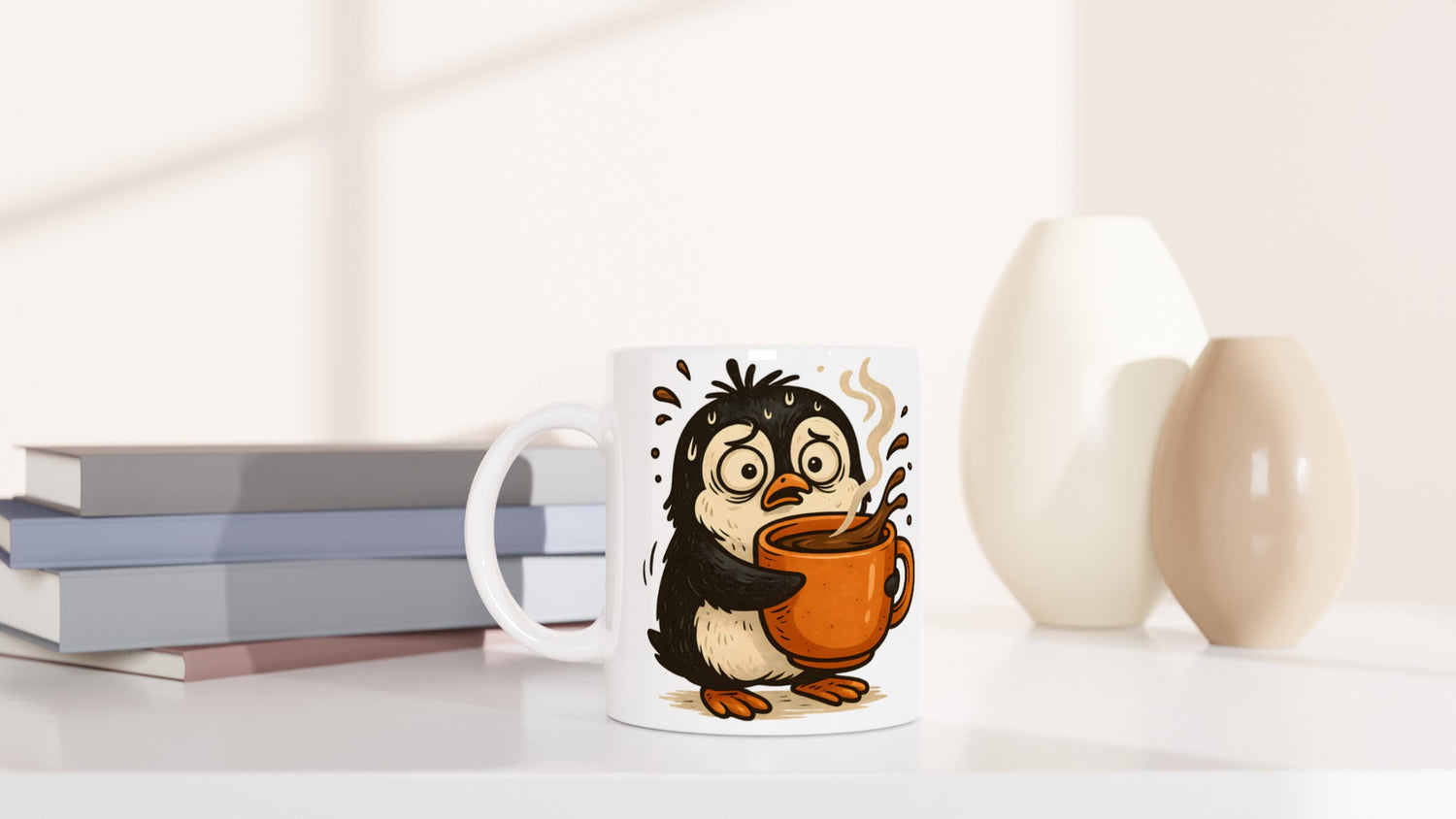 Stressad pingvin dricker kaffe - perfekt för morgonhumöret!