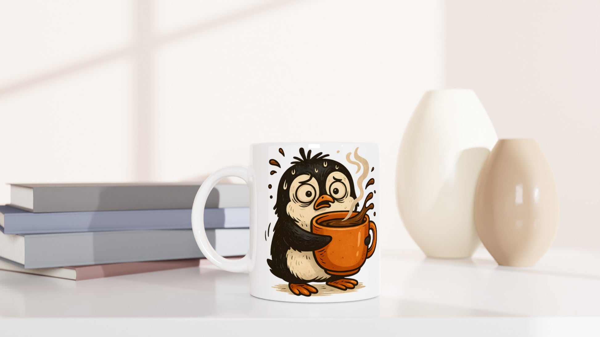 Stressad pingvin dricker kaffe - perfekt för morgonhumöret!