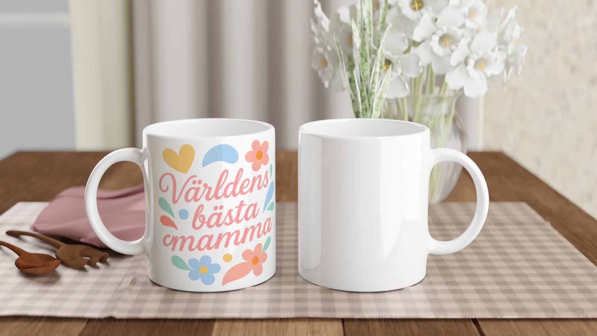 Mugg för Mors Kaffestunder - Romantisk mugg med 'Världens bästa mamma' text, mjuka linjer och milda färger.