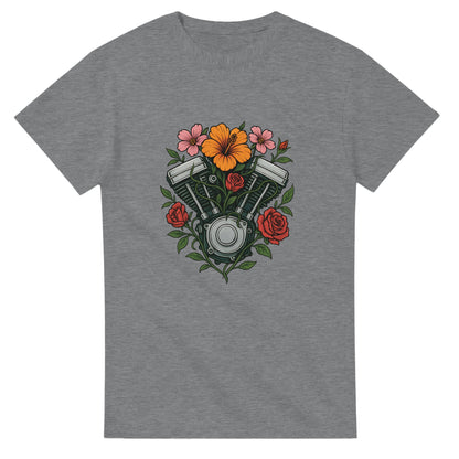 T-shirt med Speed Blossom-motiv, blommor runt motor, symbol för styrka och skönhet, motiverande text.