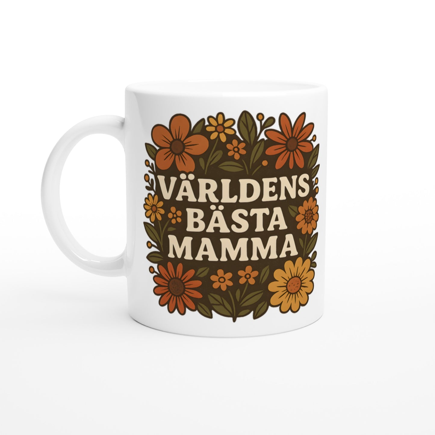 Mugg med texten 'Världens bästa mamma' omgiven av vackra blomster i varma nyanser. En perfekt hyllning till mamma.