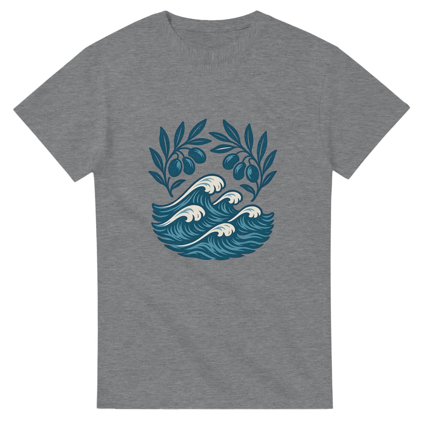 Tidlös T-shirt med grekisk charm, olivgrenar och kustlandskap. Bär stolt Olivträdets Charm.
