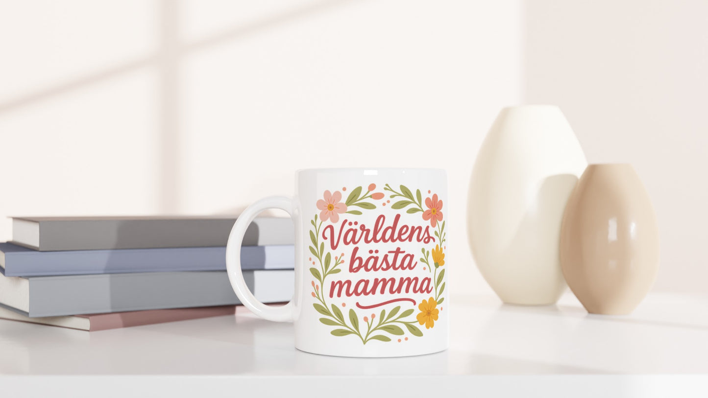 Mugg med texten 'Världens bästa mamma' och blommor som kramar. Perfekt för den kärleksfulla mamman!