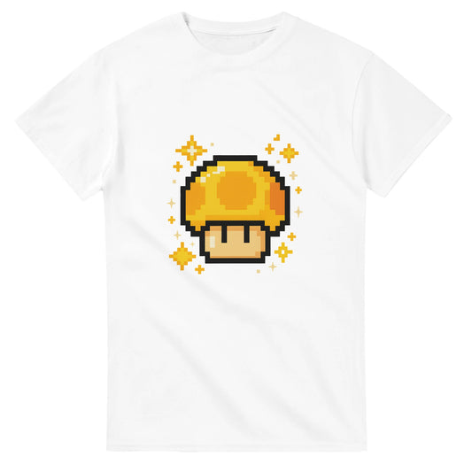 T-shirt med retro 8-bit power-up motiv. Perfekt för spelentusiaster som älskar pixelgrafik.
