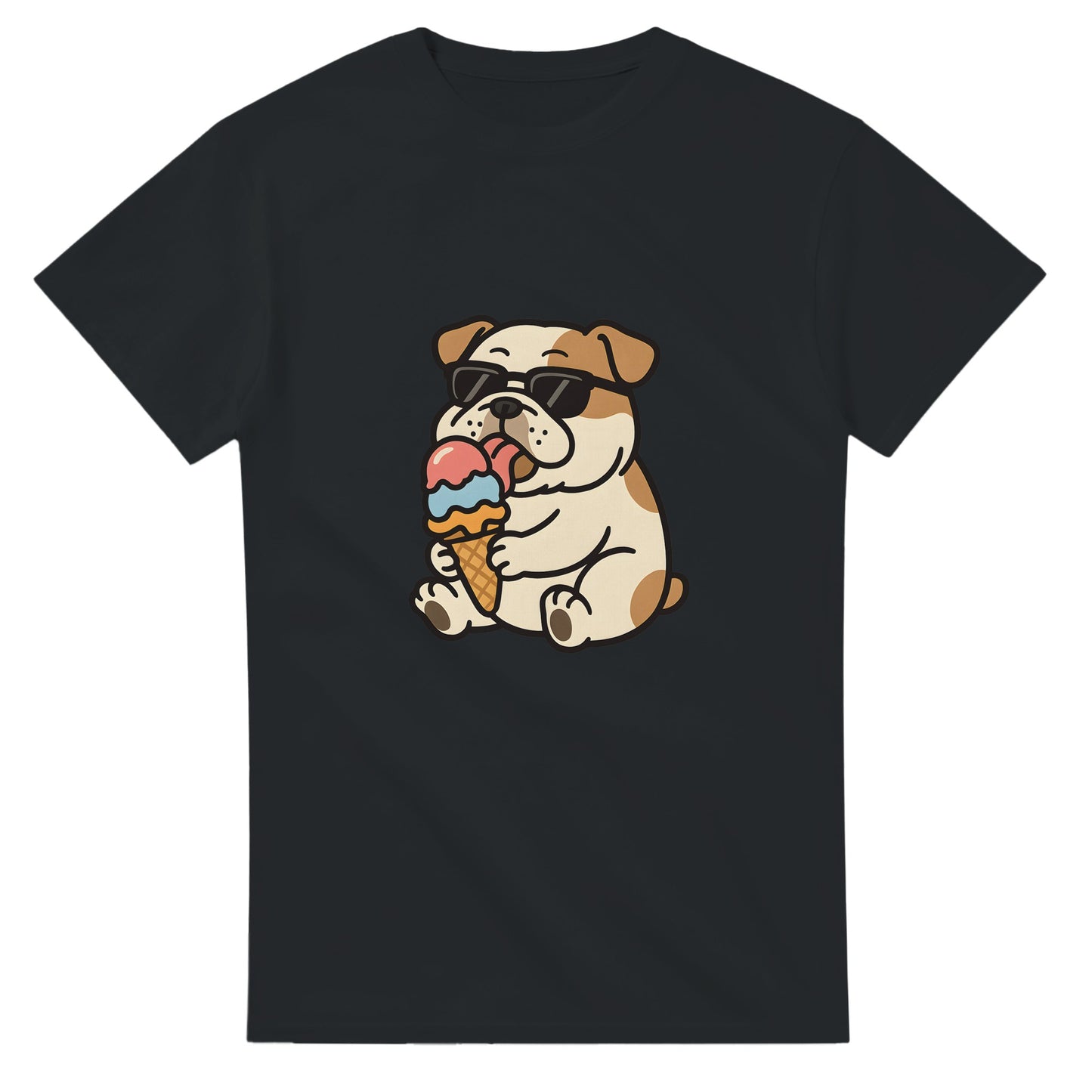T-shirt med glad bulldog som njuter av en färgglad glass. Perfekt för hundälskare.