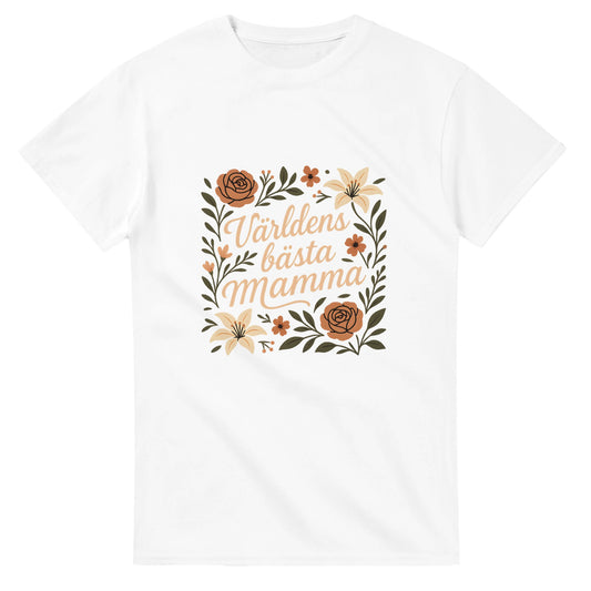T-shirt med blommor och text, perfekt gåva till mamma.