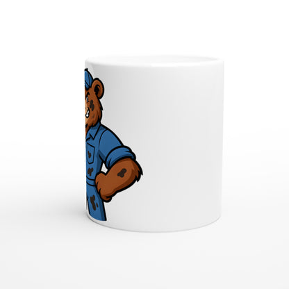 Mugg med björn och skiftnyckel, perfekt för natur- och maskinälskare. Upplev styrkan i garaget med denna unika mugg.